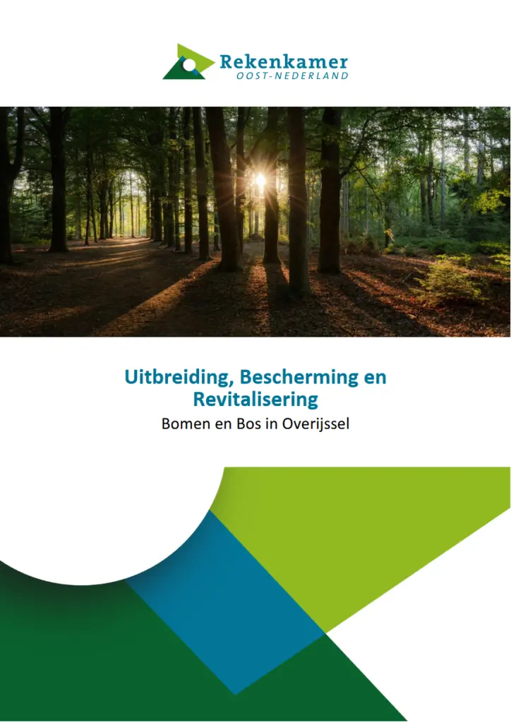 De voorplaat van de bestuurlijke nota bomen en bos Overijssel, voorzien van een afbeelding van bos op landgoed Haverriet.