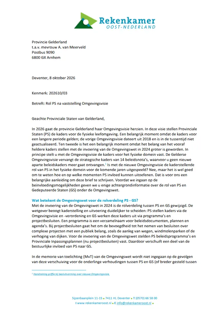 Een afbeelding van de eerste pagina van de brief aan provinciale staten over hun rol na de vaststelling van de Omgevingswet.