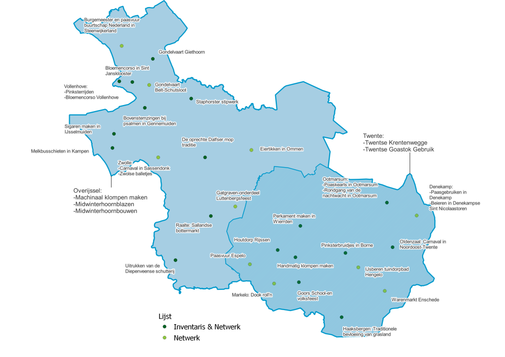 Kaart Overijssel, immaterieel erfgoed zoals Twentse krentenwegge, midwinterhoornblazen, warenmarkt in kaart gebracht 