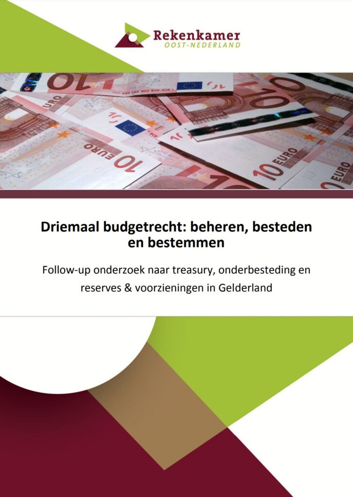 Omslagafbeelding follow-up onderzoek naar treasury, onderbesteding en reserves en voorzieningen in Gelderland. Titel: Driemaal budgetrecht: beheren, besteden en bestemmen. Foto: bankbiljetten van 10 euro.