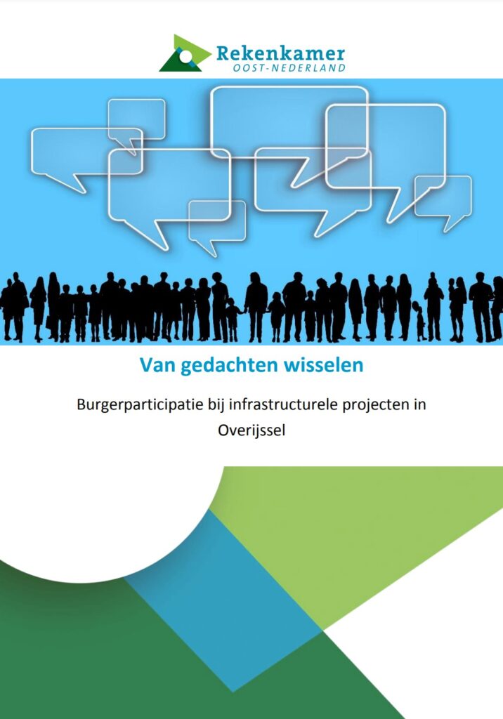 Omslagafbeelding publicatie: Burgerparticiaptie bij infrastructurele projecten in Overijssel. Titel: Van gedachten wisselen. Foto: silhouetten van grote groep mensen met denkwolkjes.