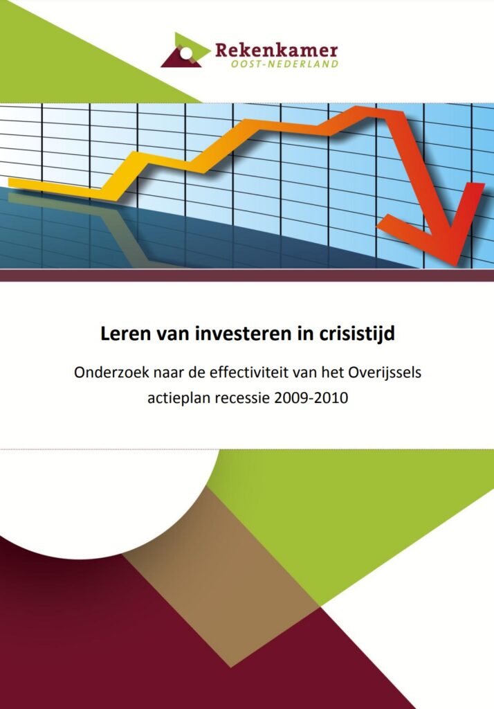 Omslagafbeelding onderzoek naar de effectiviteit van het Overijssels actieplan recessie 2009-2010. Titel: Leren van investeren in crisistijd. Illustratie lege tabel met pijl die na stijging weer naar beneden gaat.