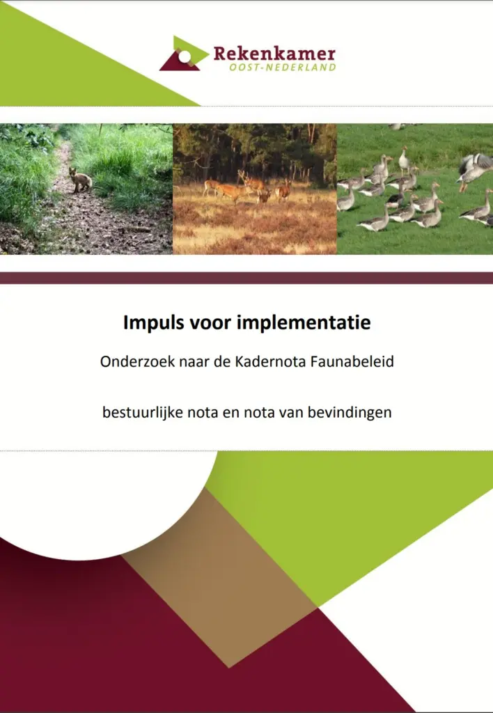 Omslagafbeelding bestuurlijke nota en nota van bevindingen onderzoek naar de kadernota Faunabeleid. Titel: impuls voor implementatie. Foto: ganzen, herten en vos.