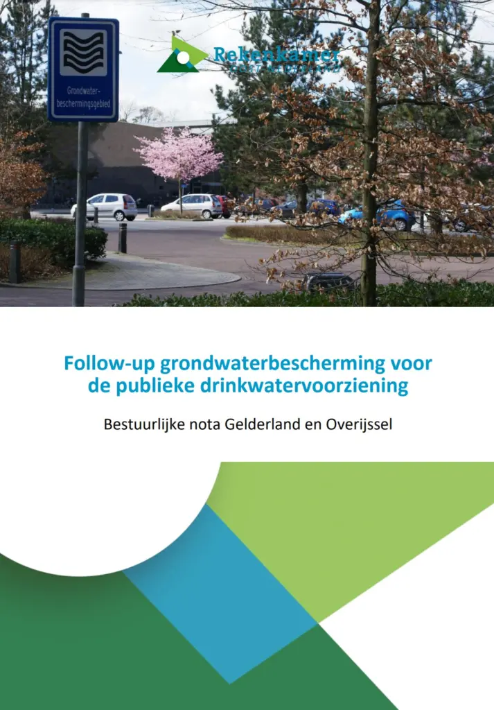 Omslagafbeelding bestuurlijke nota Gelderland en Overijssel. Follow-up grondwaterbescherming voor de publieke drinkwatervoorziening. Op de foto een bordje grondwaterbeschermingsgebied voor een parkeerplaats en een gebouw.