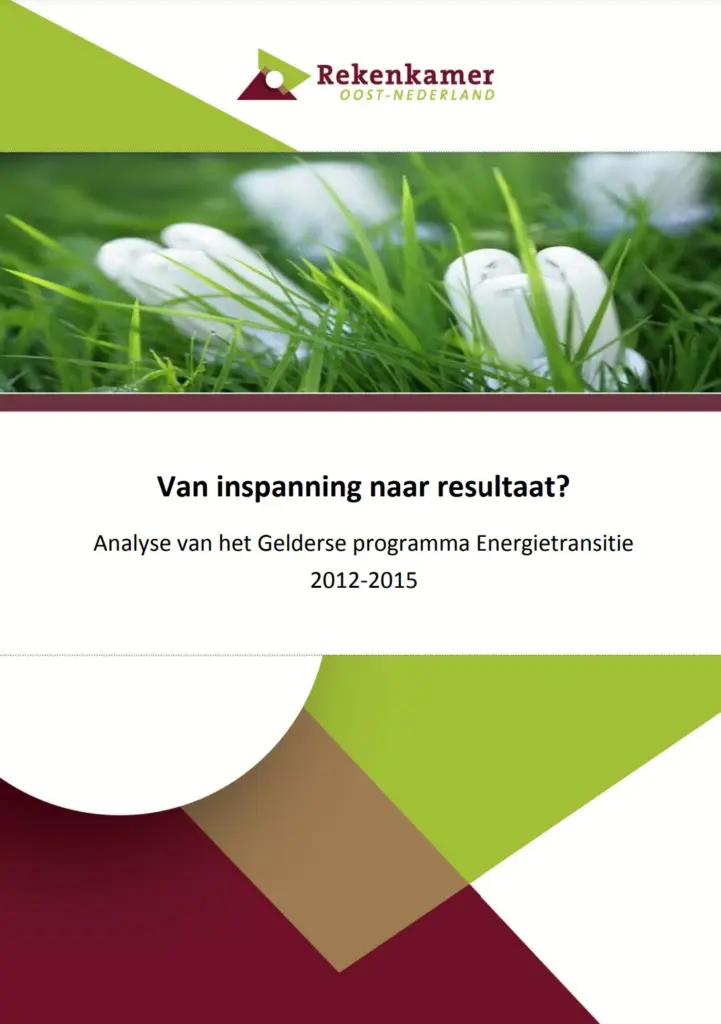 omslagafbeelding publicatie analyse van het Gelderse programma Energietransitie 2012-2015. Titel: Van inspanning naar resultaat?