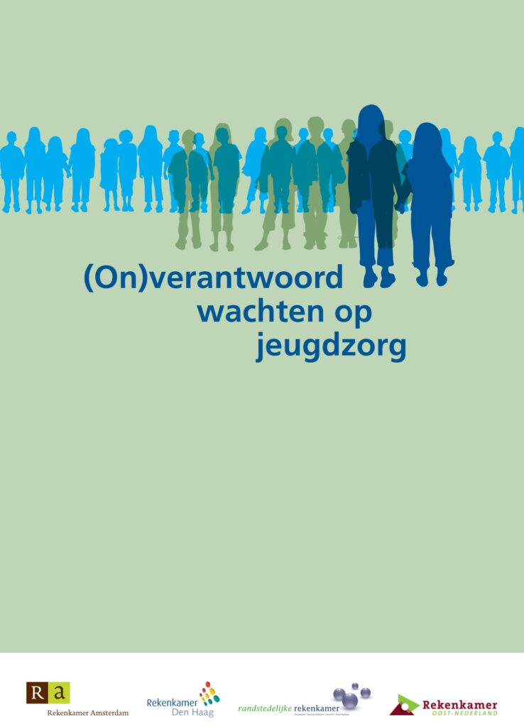 Omslagafbeelding publicatie (on)verantwoord wachten op jeugdzorg. Tekening een hele rij met kinderen die elkaar vasthouden.