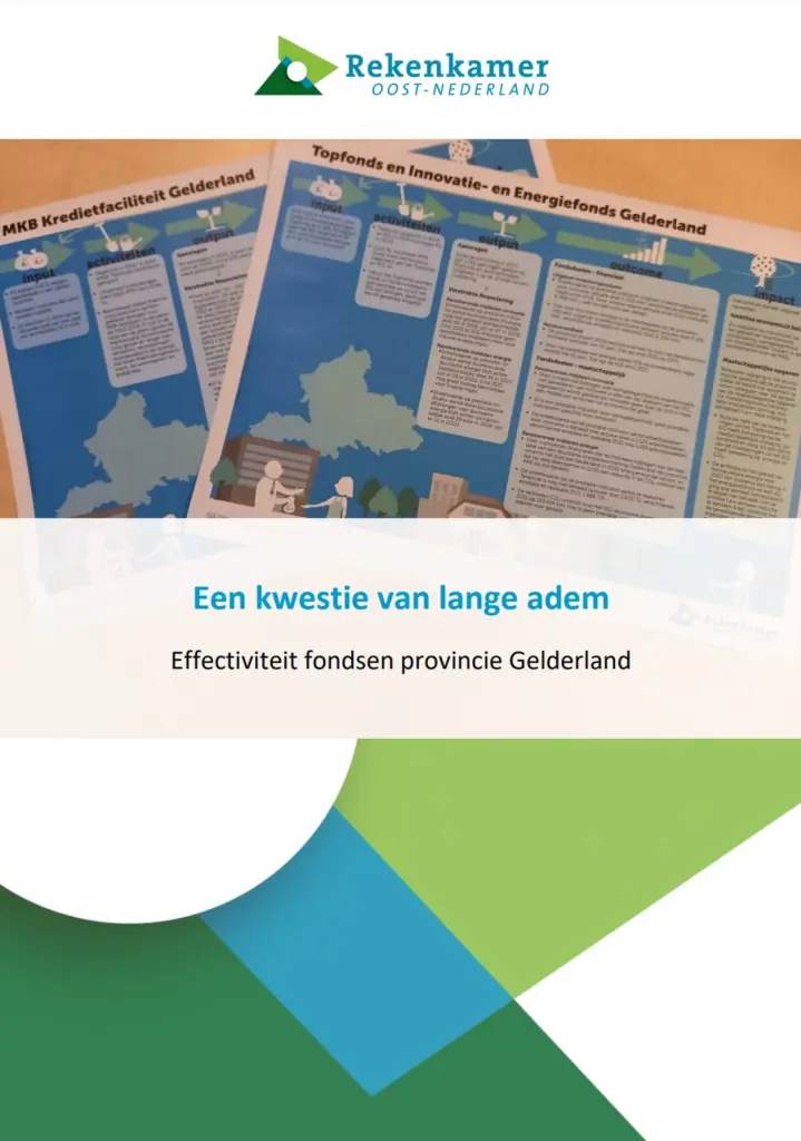 Omslagafbeelding publicatie: Effectiviteit fondsen provincie Gelderland. Titel: Een kwestie van lange adem. Illustraties van topfonds, energiefonds en innovatiefonds.