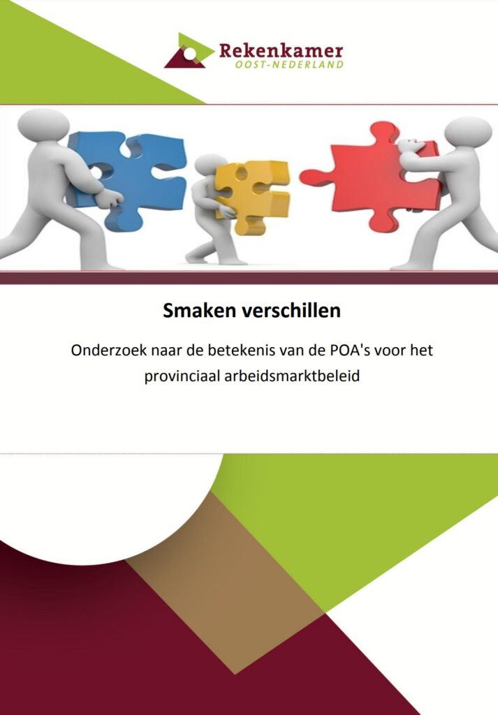 Omslagafbeelding publicatie: Onderzoek naar de betekenis van de POA's voor het provinciaal arbeidsmarktbeleid. Titel: Smaken verschillen. Illustratie 3 poppetjes die elk een puzzelstukje dragen.