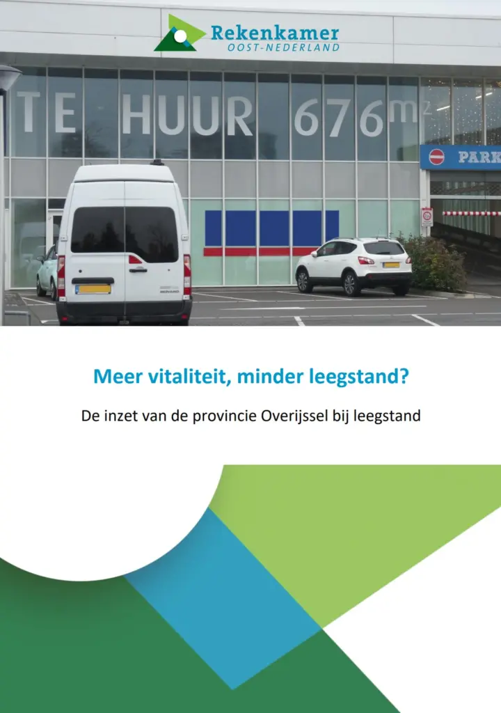 Omslagafbeelding publicatie: De inzet van de provincie Overijssel bij leegstand. Titel: Meer vitaliteit, minder leegstand? Op de foto een gebouw met gevelbeplakking: te huur 676m2.