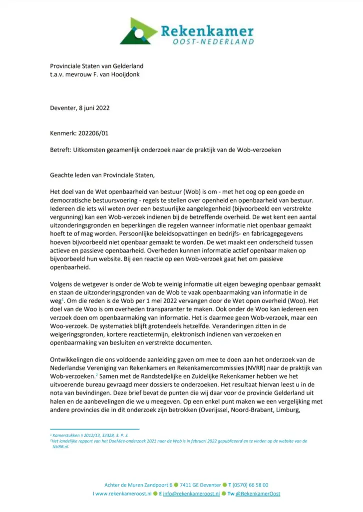 Print of kopie van de brief WOB uitkomsten gezamelijk onderzoek naar de praktijk van de WOB-verzoeken.