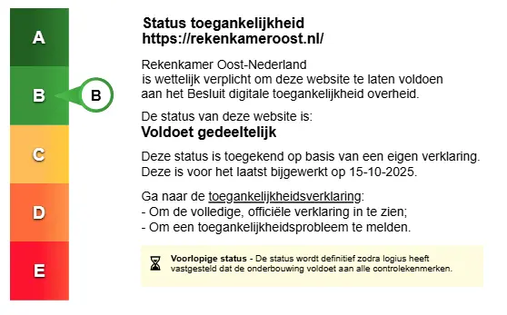 De afbeelding toont het toegankelijkheidslabel van de Rekenkamer Oost-Nederland. Het laat zien de status van onze website (per oktober 2025) zien: voldoet gedeeltelijk.